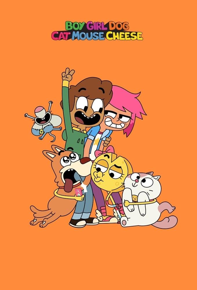 Poster Chico Chica Perro Gata Ratón Queso