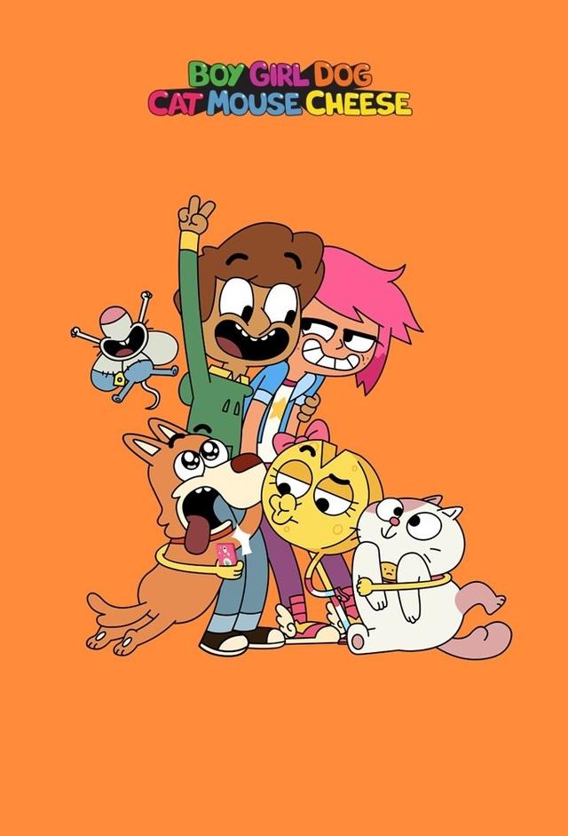 Poster Chico Chica Perro Gata Ratón Queso